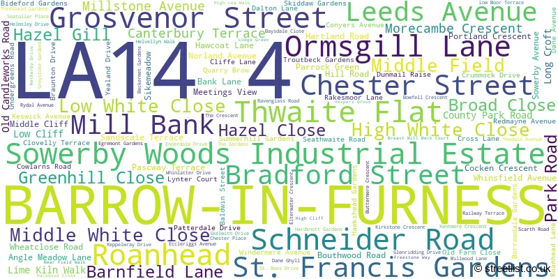 A word cloud for the LA14 4 postcode
